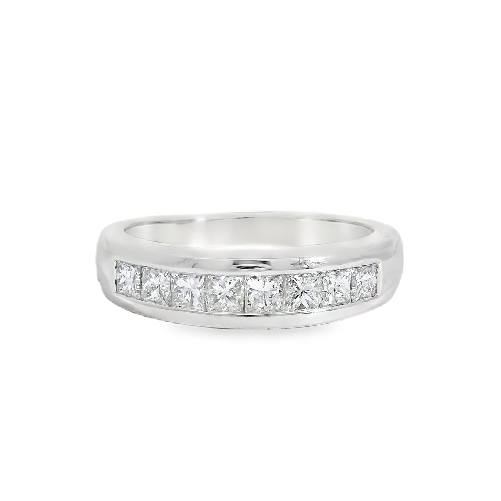 White gold ring channel set embedded diamonds with white background
