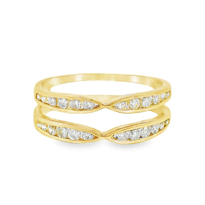 Yellow gold double band diamond ring on white background