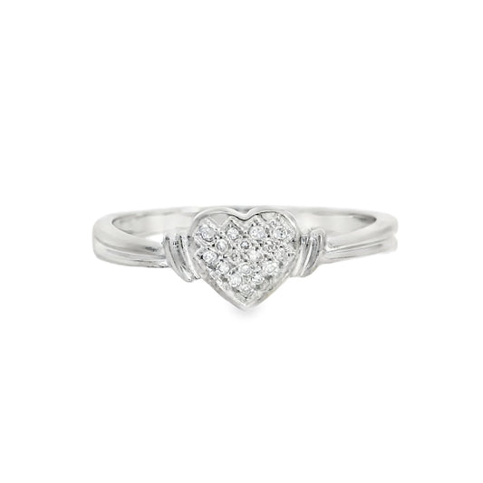 white gold heart shaped ring with pave set diamonds on white background