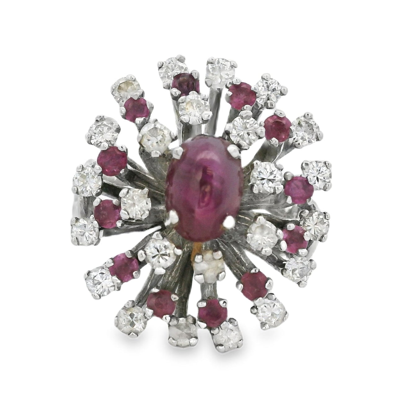 14k White Gold Central Ruby Surrounded by a Cluster of Smaller Diamonds and Rubies