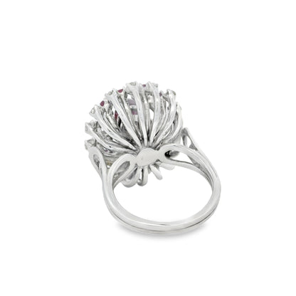 14k White Gold Central Ruby Surrounded by a Cluster of Smaller Diamonds and Rubies