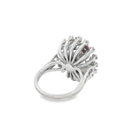 14k White Gold Central Ruby Surrounded by a Cluster of Smaller Diamonds and Rubies