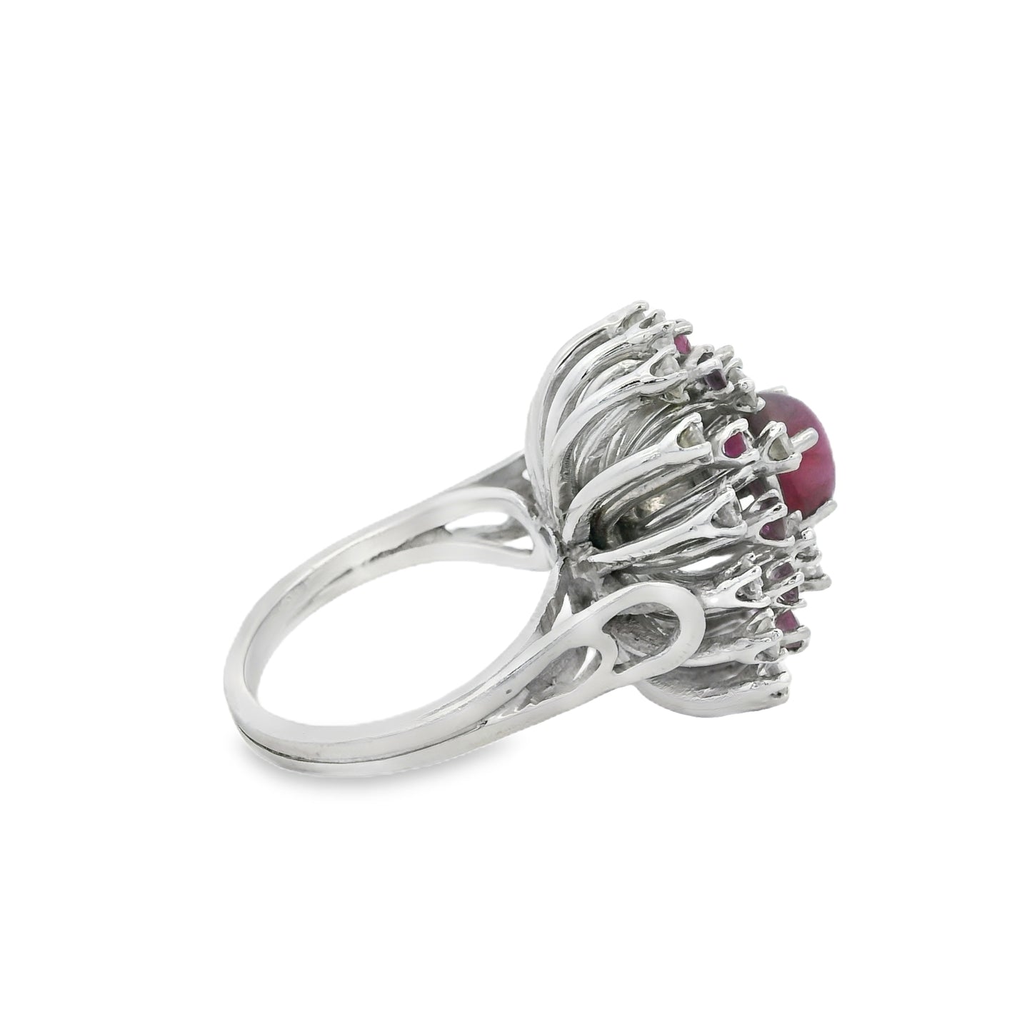 14k White Gold Central Ruby Surrounded by a Cluster of Smaller Diamonds and Rubies