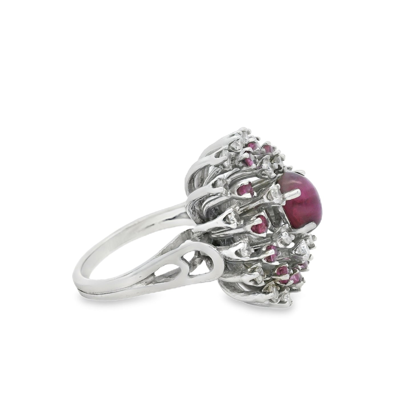 14k White Gold Central Ruby Surrounded by a Cluster of Smaller Diamonds and Rubies
