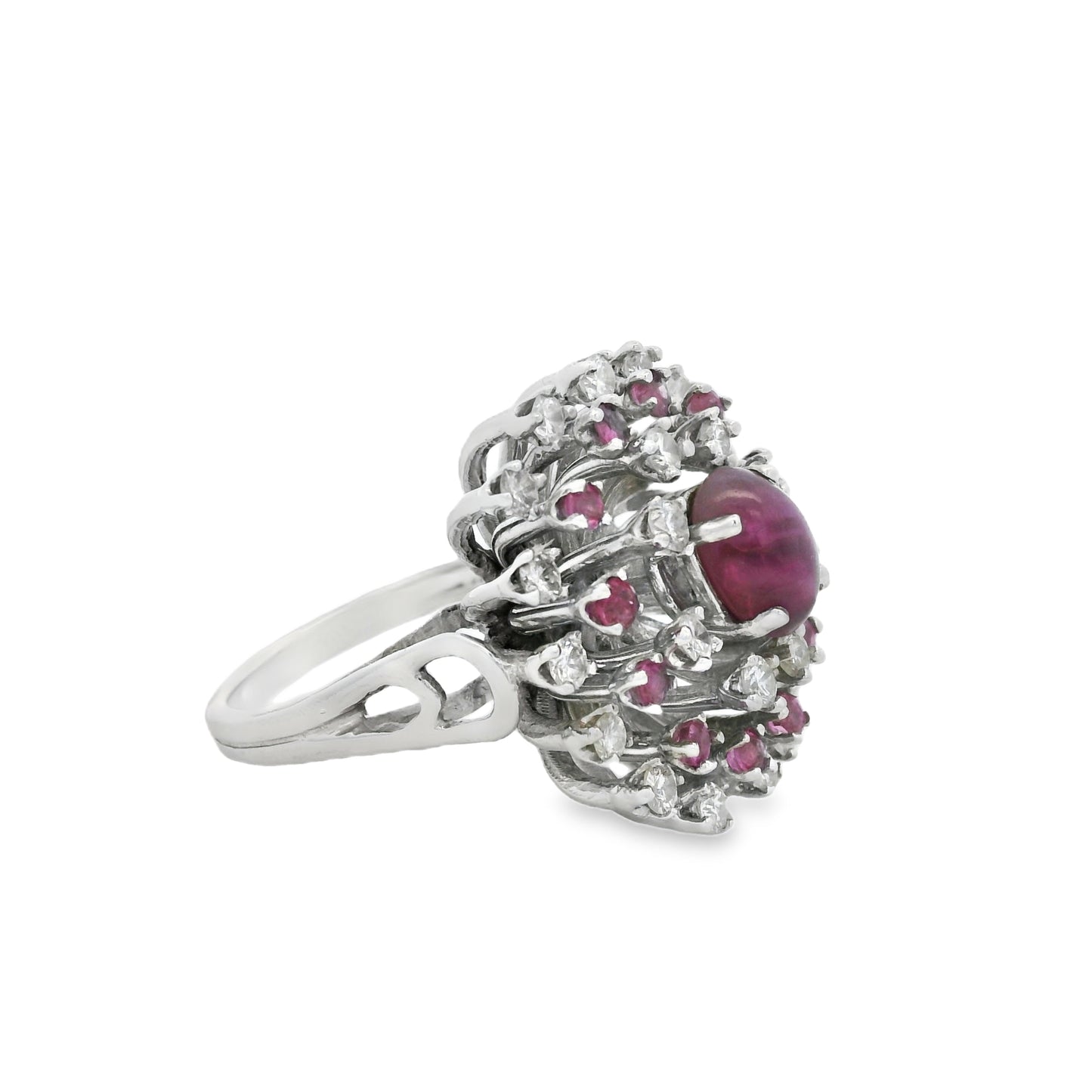 14k White Gold Central Ruby Surrounded by a Cluster of Smaller Diamonds and Rubies
