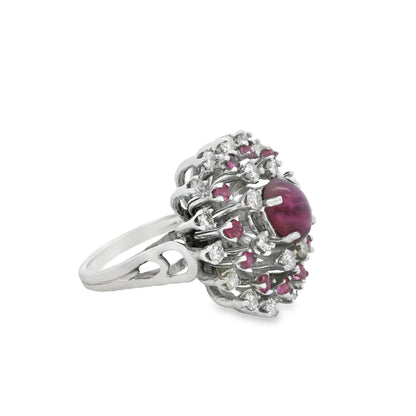 14k White Gold Central Ruby Surrounded by a Cluster of Smaller Diamonds and Rubies
