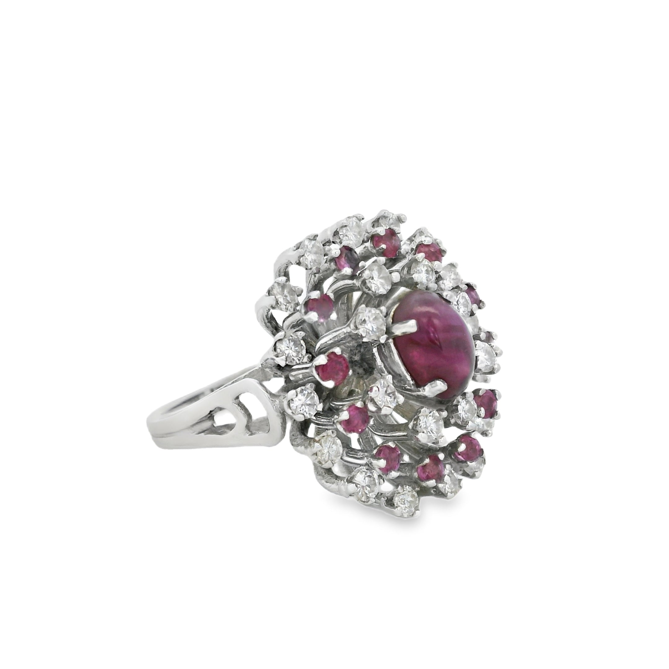 14k White Gold Central Ruby Surrounded by a Cluster of Smaller Diamonds and Rubies