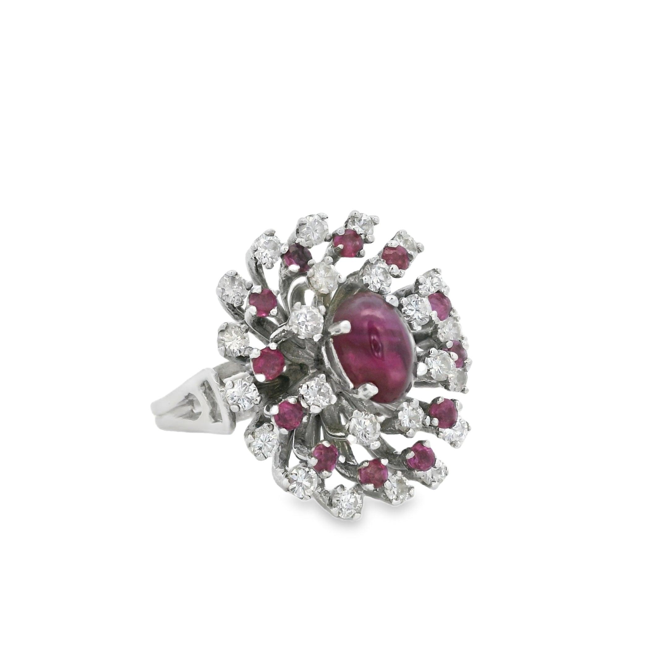 14k White Gold Central Ruby Surrounded by a Cluster of Smaller Diamonds and Rubies