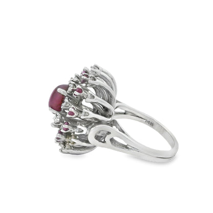 14k White Gold Central Ruby Surrounded by a Cluster of Smaller Diamonds and Rubies