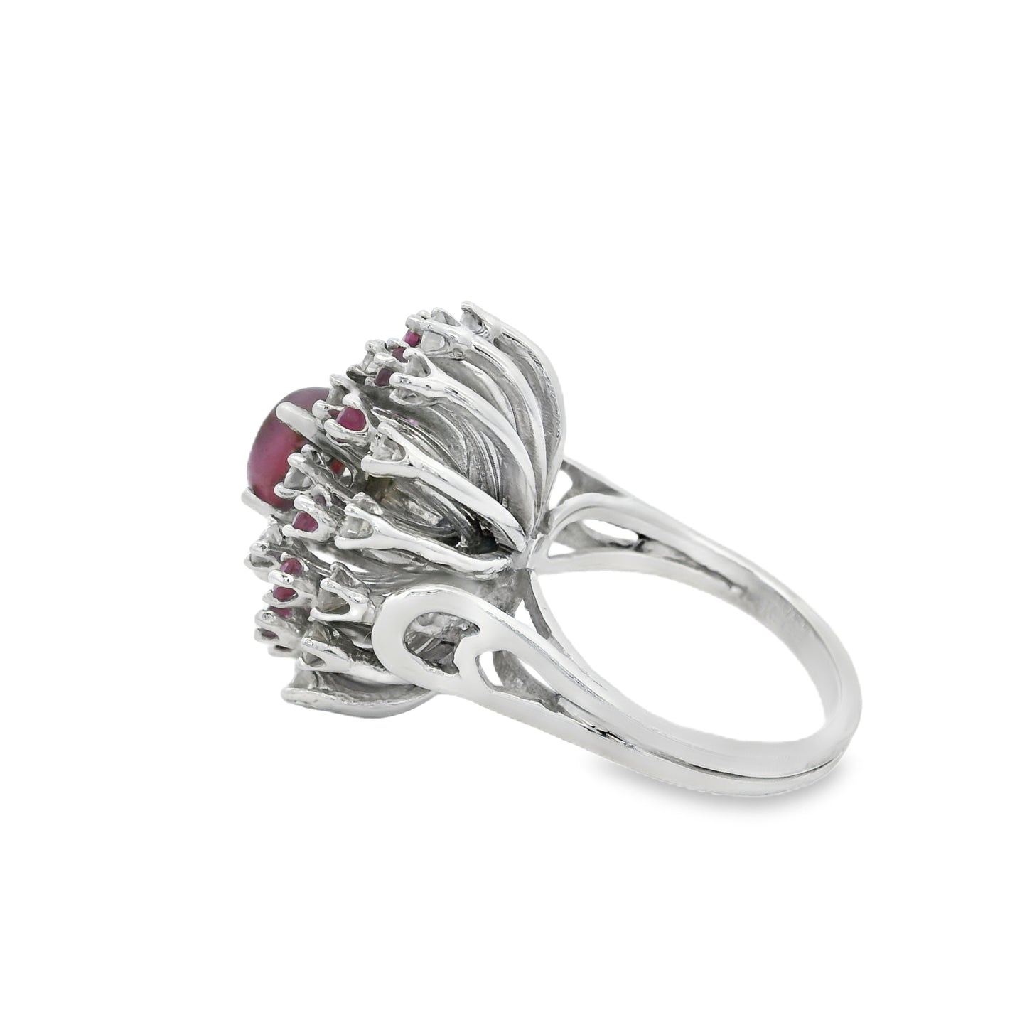14k White Gold Central Ruby Surrounded by a Cluster of Smaller Diamonds and Rubies