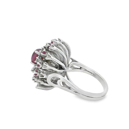 14k White Gold Central Ruby Surrounded by a Cluster of Smaller Diamonds and Rubies