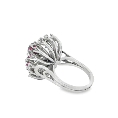14k White Gold Central Ruby Surrounded by a Cluster of Smaller Diamonds and Rubies