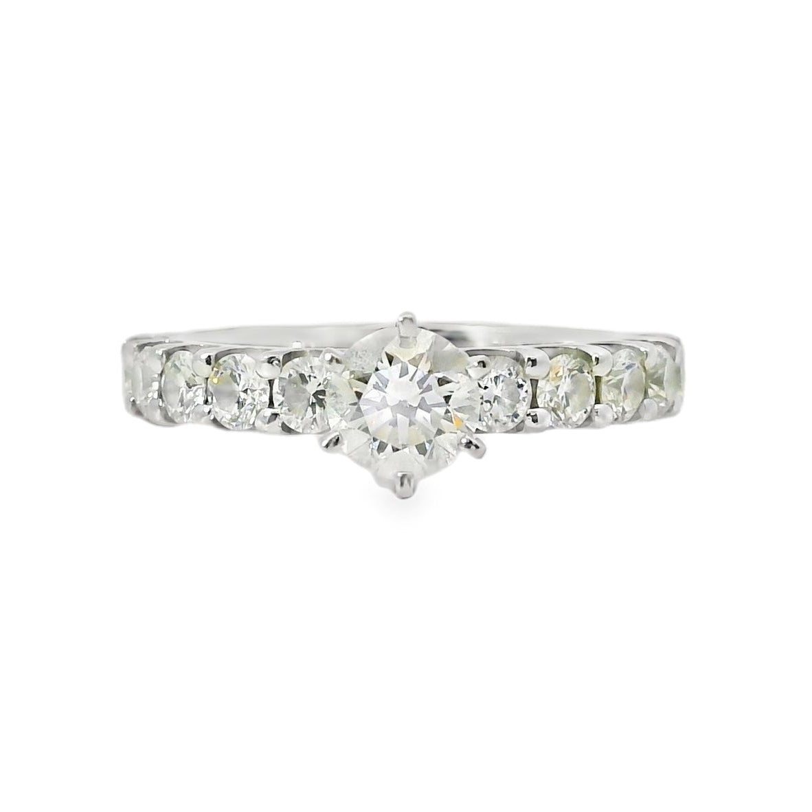 14k White Gold 0.90ct Round Brilliant Diamond with a Shared-Prong Diamond Half Way Ring
