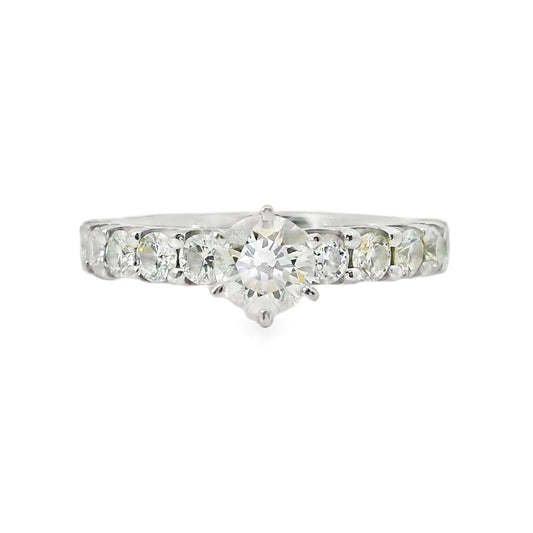 14k White Gold 0.90ct Round Brilliant Diamond with a Shared-Prong Diamond Half Way Ring
