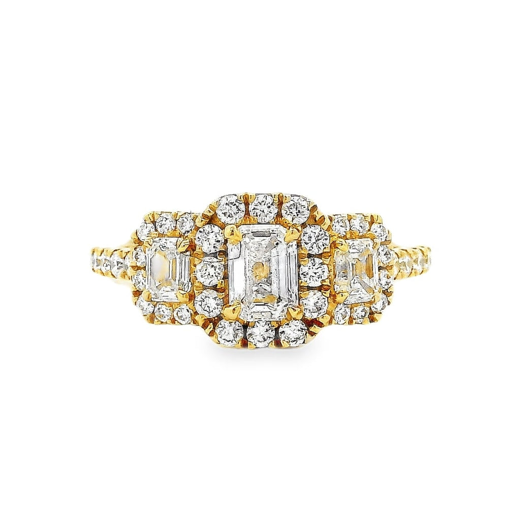18k Yellow Gold 0.68ct Three-Stone Emerald Cut Surrounded by 0.56ct Round Brilliant Diamond Ring
