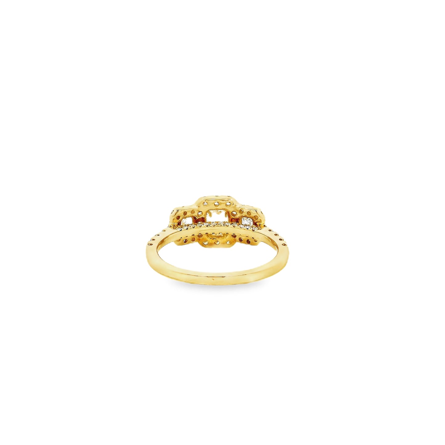 18k Yellow Gold 0.68ct Three-Stone Emerald Cut Surrounded by 0.56ct Round Brilliant Diamond Ring