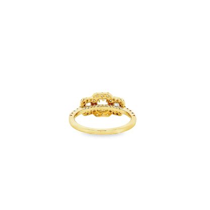 18k Yellow Gold 0.68ct Three-Stone Emerald Cut Surrounded by 0.56ct Round Brilliant Diamond Ring