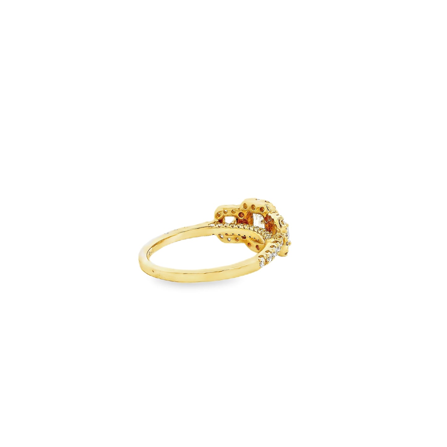 18k Yellow Gold 0.68ct Three-Stone Emerald Cut Surrounded by 0.56ct Round Brilliant Diamond Ring