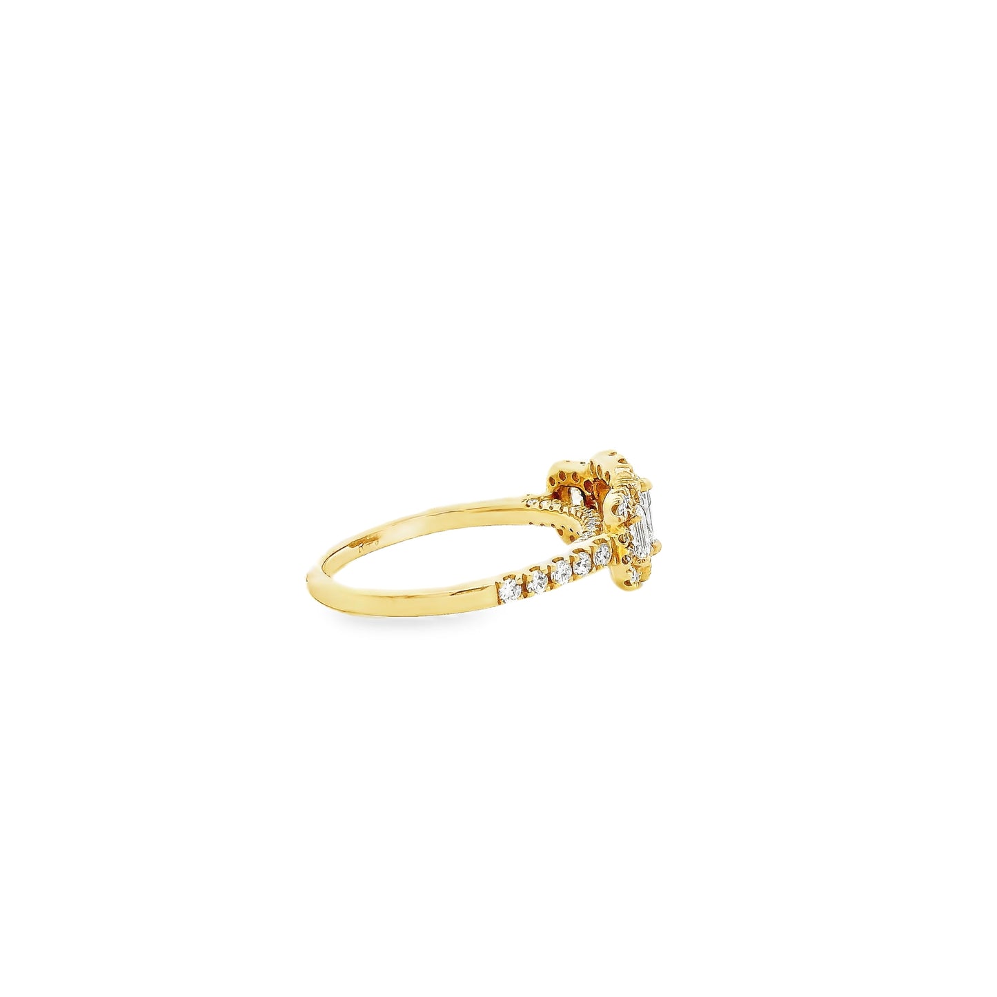18k Yellow Gold 0.68ct Three-Stone Emerald Cut Surrounded by 0.56ct Round Brilliant Diamond Ring