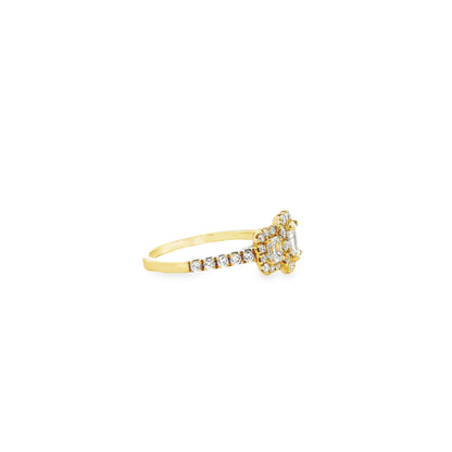 18k Yellow Gold 0.68ct Three-Stone Emerald Cut Surrounded by 0.56ct Round Brilliant Diamond Ring