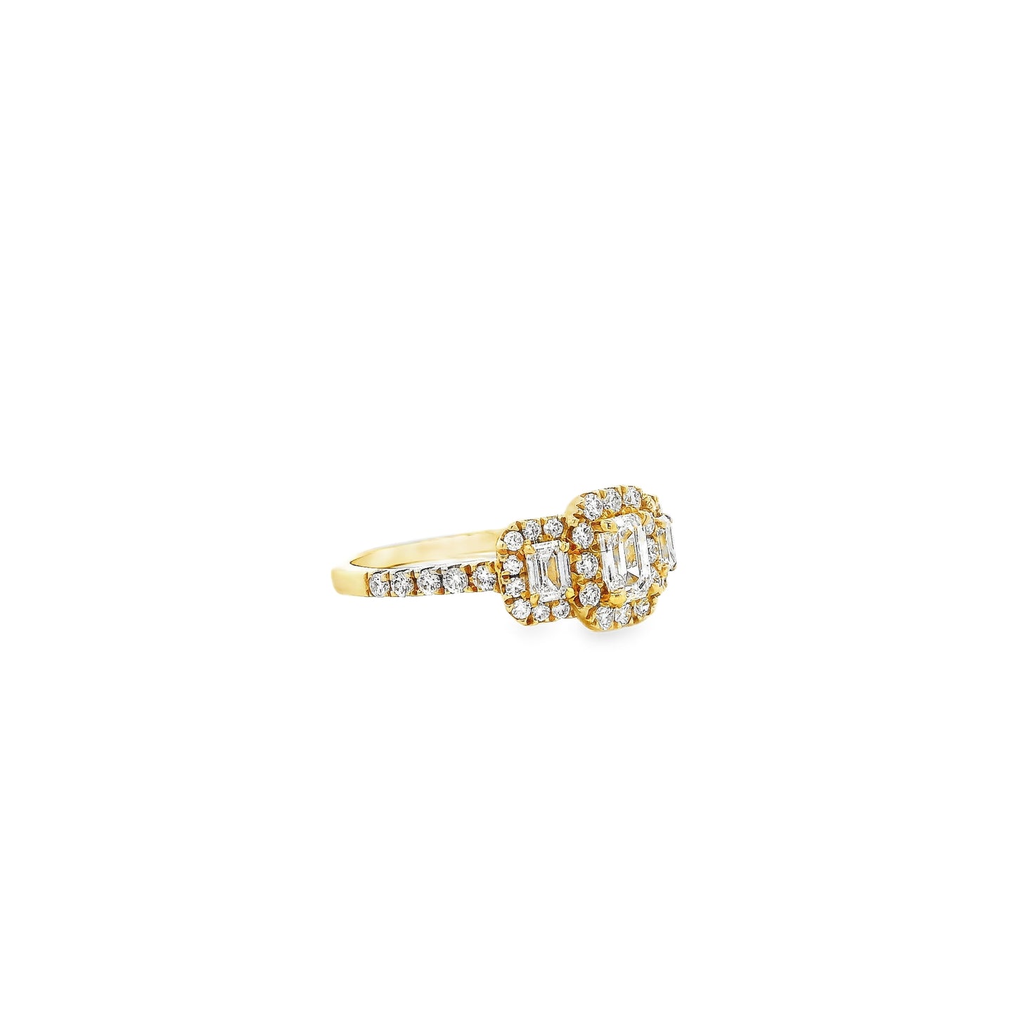 18k Yellow Gold 0.68ct Three-Stone Emerald Cut Surrounded by 0.56ct Round Brilliant Diamond Ring