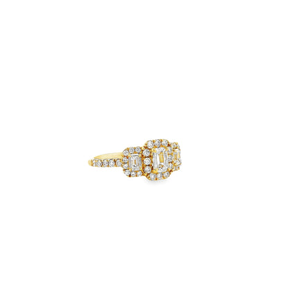 18k Yellow Gold 0.68ct Three-Stone Emerald Cut Surrounded by 0.56ct Round Brilliant Diamond Ring