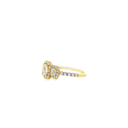18k Yellow Gold 0.68ct Three-Stone Emerald Cut Surrounded by 0.56ct Round Brilliant Diamond Ring