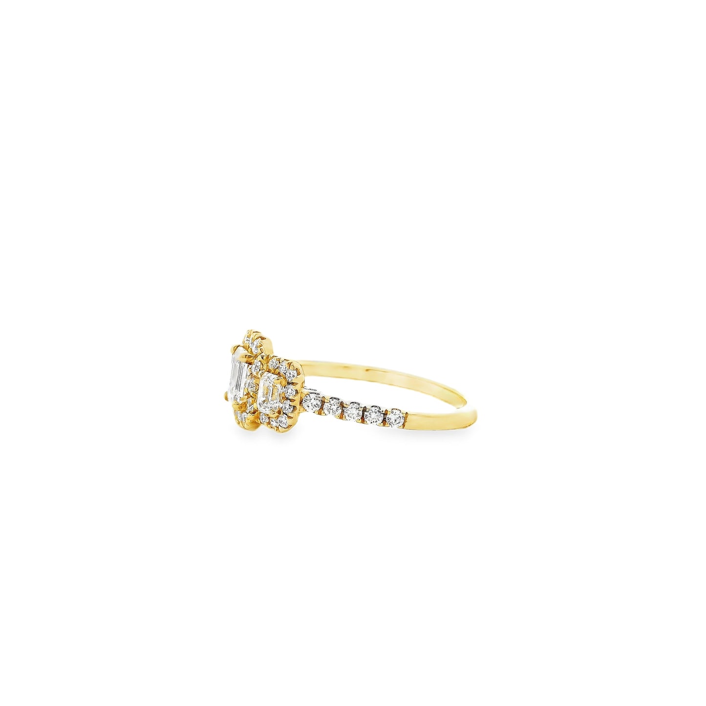 18k Yellow Gold 0.68ct Three-Stone Emerald Cut Surrounded by 0.56ct Round Brilliant Diamond Ring