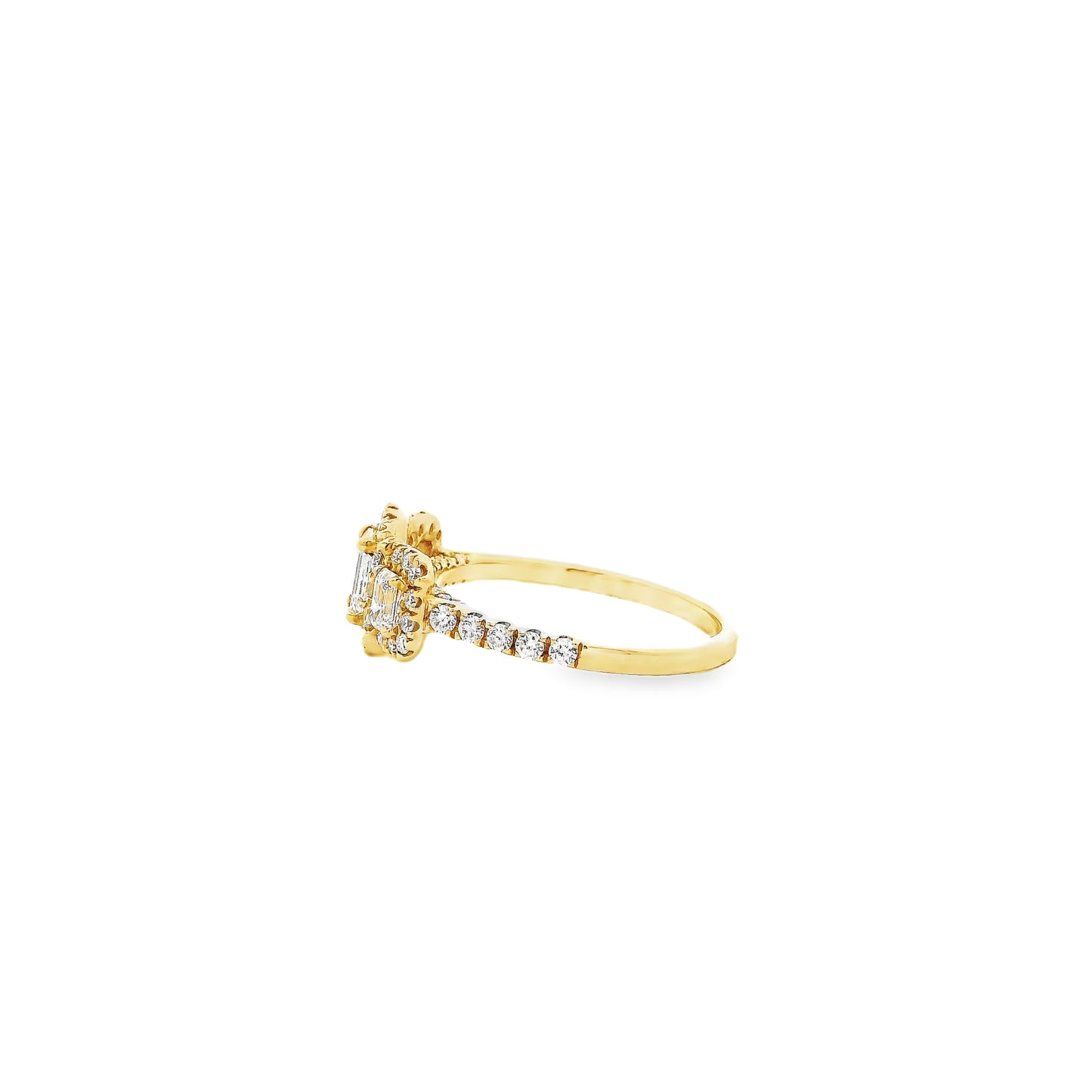 18k Yellow Gold 0.68ct Three-Stone Emerald Cut Surrounded by 0.56ct Round Brilliant Diamond Ring