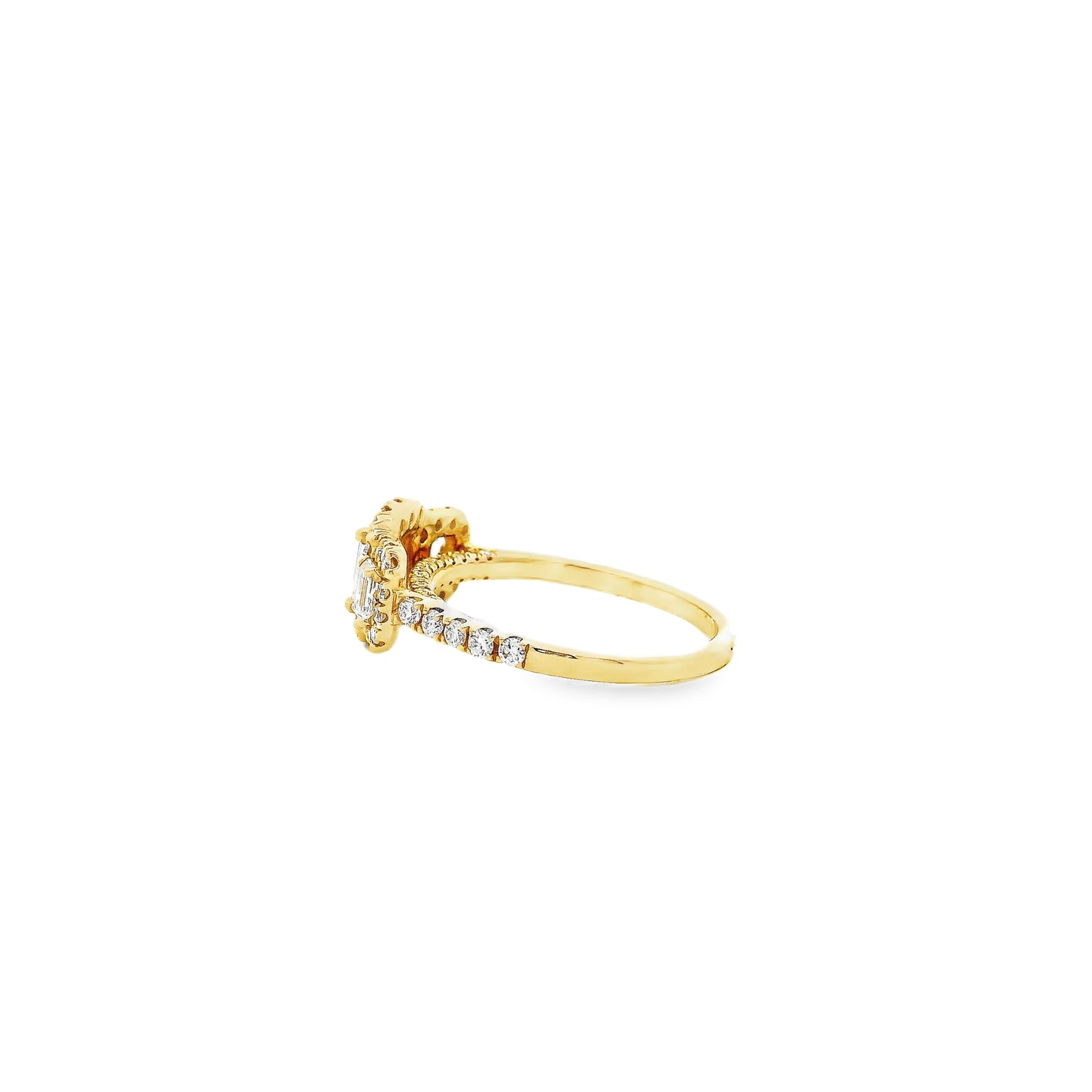 18k Yellow Gold 0.68ct Three-Stone Emerald Cut Surrounded by 0.56ct Round Brilliant Diamond Ring
