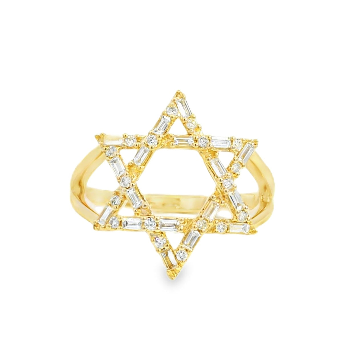 14k Yellow Gold 0.34ctw Natural Baguette and Round Brilliant Diamond Star of David Ring