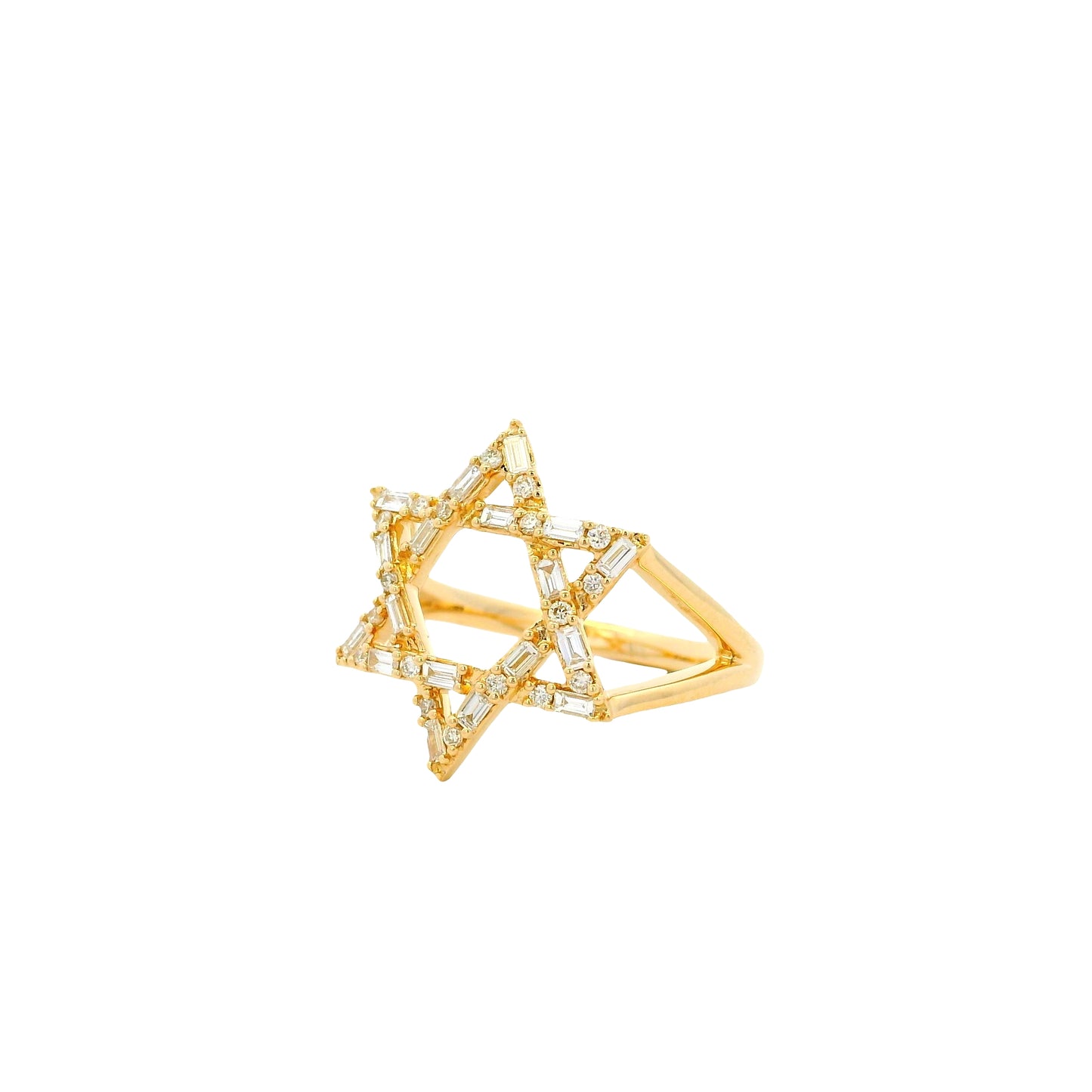 14k Yellow Gold 0.34ctw Natural Baguette and Round Brilliant Diamond Star of David Ring