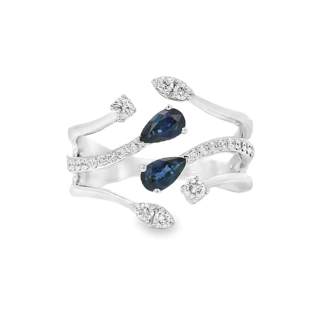 14k White Gold 0.45ct Sapphires and 0.30ct Round Brilliant Diamond in a Bypass Ring