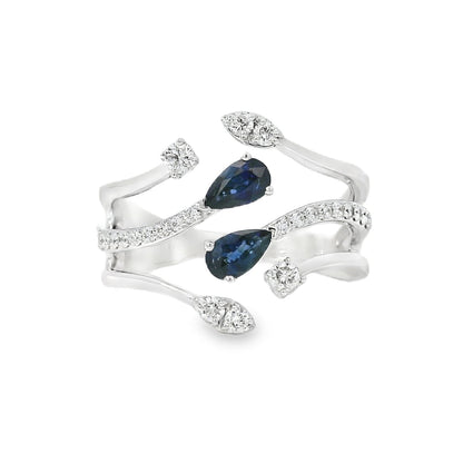 14k White Gold 0.45ct Sapphires and 0.30ct Round Brilliant Diamond in a Bypass Ring