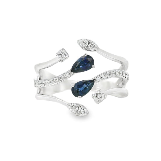 14k White Gold 0.45ct Sapphires and 0.30ct Round Brilliant Diamond in a Bypass Ring