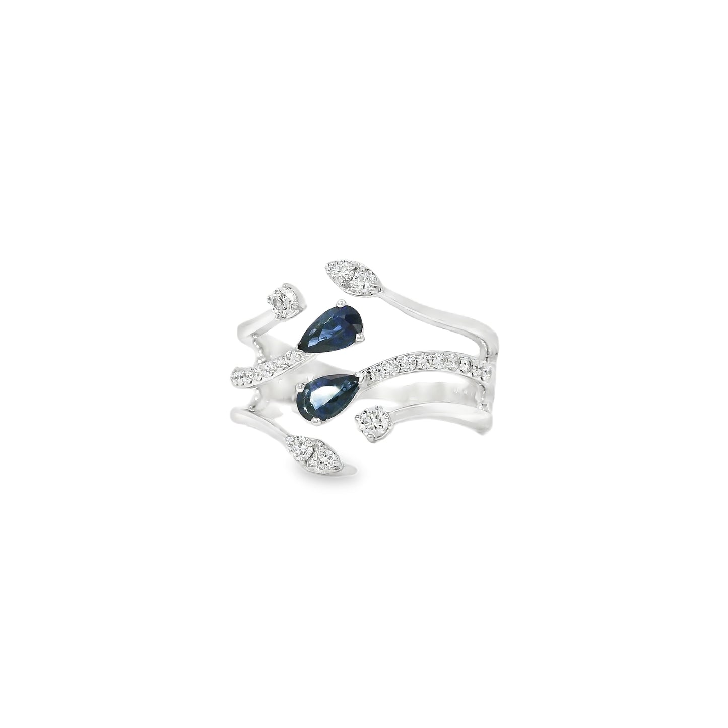 14k White Gold 0.45ct Sapphires and 0.30ct Round Brilliant Diamond in a Bypass Ring