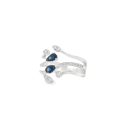 14k White Gold 0.45ct Sapphires and 0.30ct Round Brilliant Diamond in a Bypass Ring