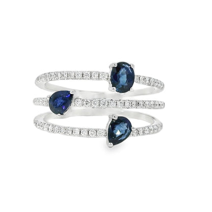 14k White Gold 0.90ct Sapphires and 0.30ct Round Brilliant Diamonds in a Multi-Row Split Shank Ring