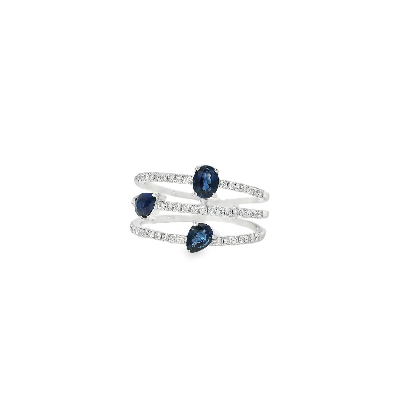 14k White Gold 0.90ct Sapphires and 0.30ct Round Brilliant Diamonds in a Multi-Row Split Shank Ring
