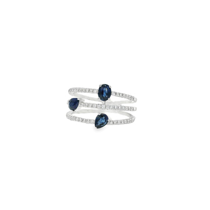 14k White Gold 0.90ct Sapphires and 0.30ct Round Brilliant Diamonds in a Multi-Row Split Shank Ring