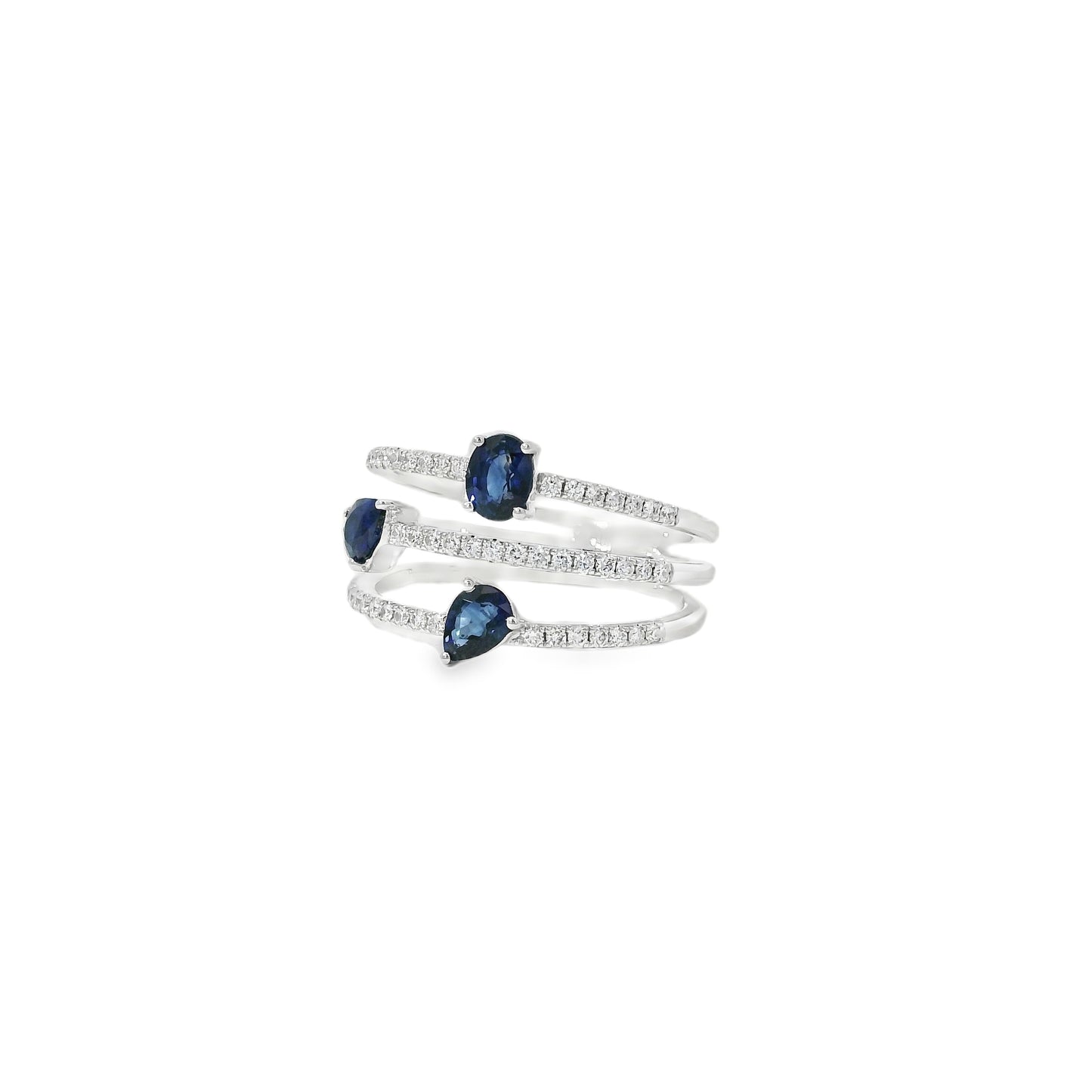 14k White Gold 0.90ct Sapphires and 0.30ct Round Brilliant Diamonds in a Multi-Row Split Shank Ring