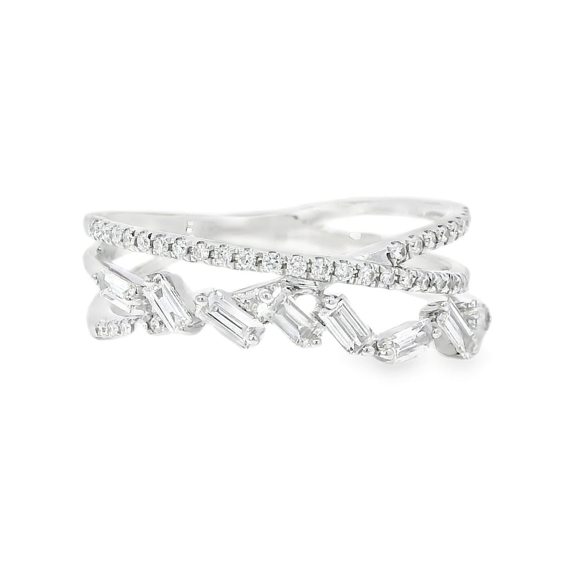 14k White Gold 0.33ct Baguette Cut and 0.11ct Pave-Set Round Brilliant Diamond in a Zigzag Ring