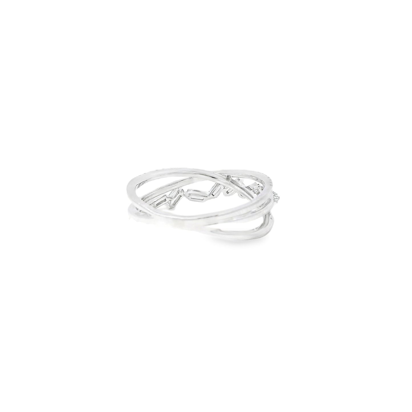 14k White Gold 0.33ct Baguette Cut and 0.11ct Pave-Set Round Brilliant Diamond in a Zigzag Ring