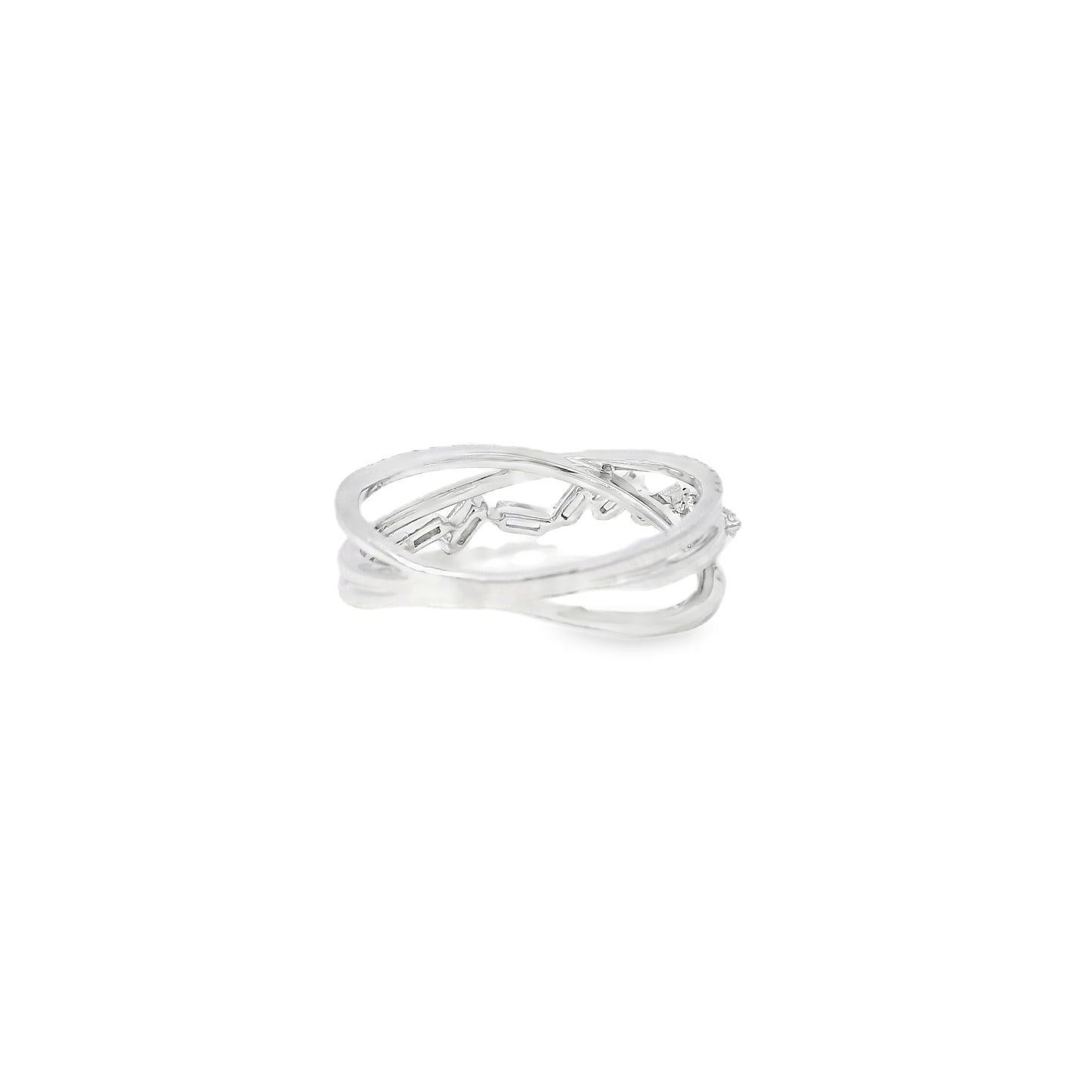 14k White Gold 0.33ct Baguette Cut and 0.11ct Pave-Set Round Brilliant Diamond in a Zigzag Ring