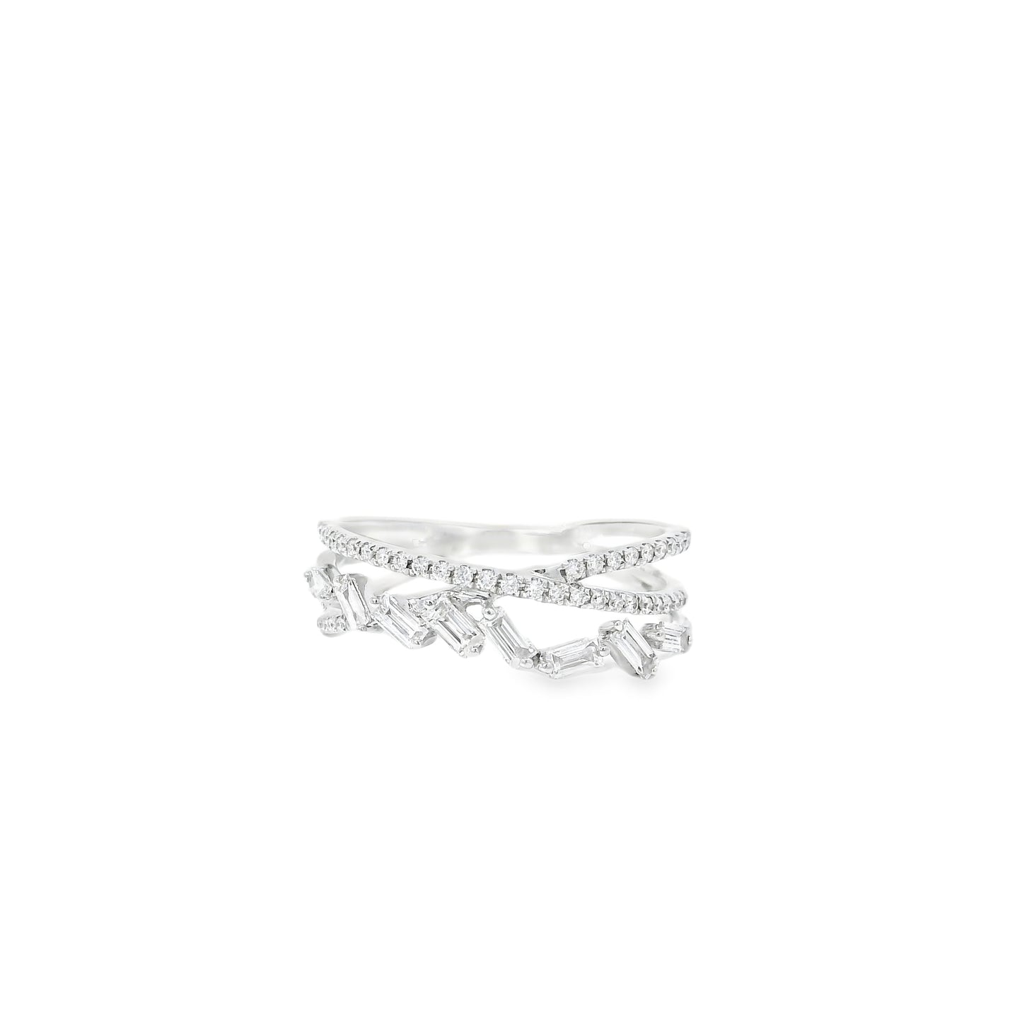 14k White Gold 0.33ct Baguette Cut and 0.11ct Pave-Set Round Brilliant Diamond in a Zigzag Ring
