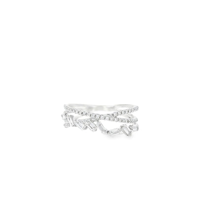 14k White Gold 0.33ct Baguette Cut and 0.11ct Pave-Set Round Brilliant Diamond in a Zigzag Ring
