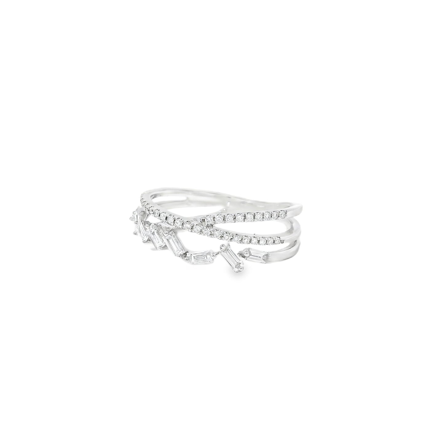 14k White Gold 0.33ct Baguette Cut and 0.11ct Pave-Set Round Brilliant Diamond in a Zigzag Ring