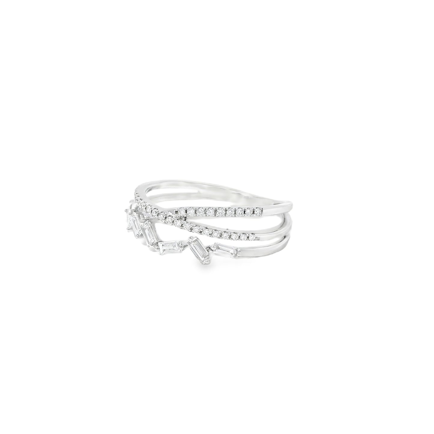 14k White Gold 0.33ct Baguette Cut and 0.11ct Pave-Set Round Brilliant Diamond in a Zigzag Ring