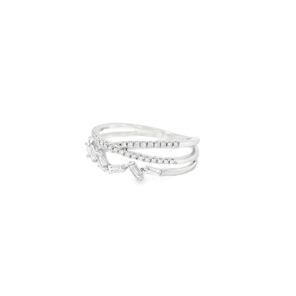 14k White Gold 0.33ct Baguette Cut and 0.11ct Pave-Set Round Brilliant Diamond in a Zigzag Ring