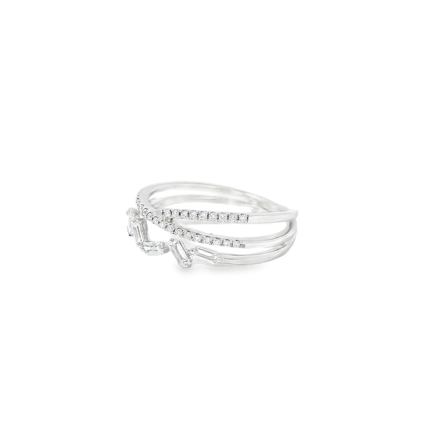 14k White Gold 0.33ct Baguette Cut and 0.11ct Pave-Set Round Brilliant Diamond in a Zigzag Ring